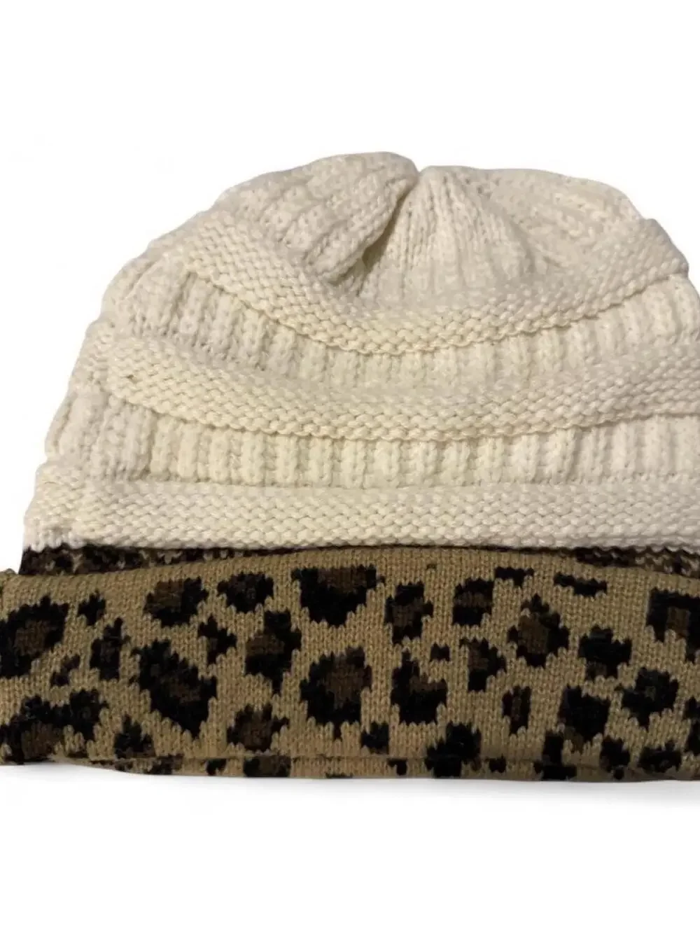 C.C. BRAND LEOPARD PRINT TWO-TONE CABLE KNIT BEANIE